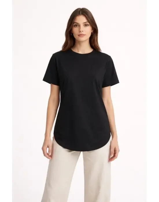 Basic T-Shirt Kısa Kol Bisiklet Yaka Oval Kesim Tişört - Siyah