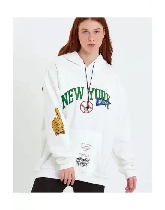Baskılı Kapüşonlu Sweatshirt - Beyaz