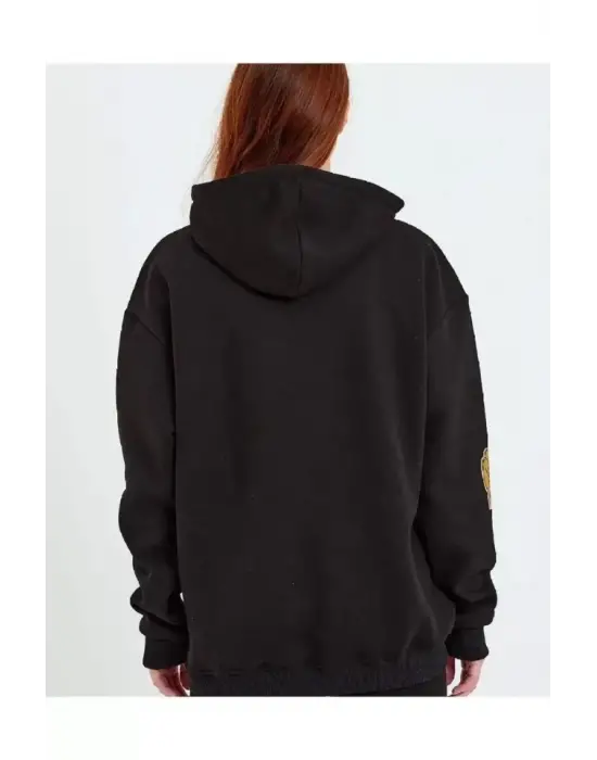Baskılı Kapüşonlu Sweatshirt - Siyah