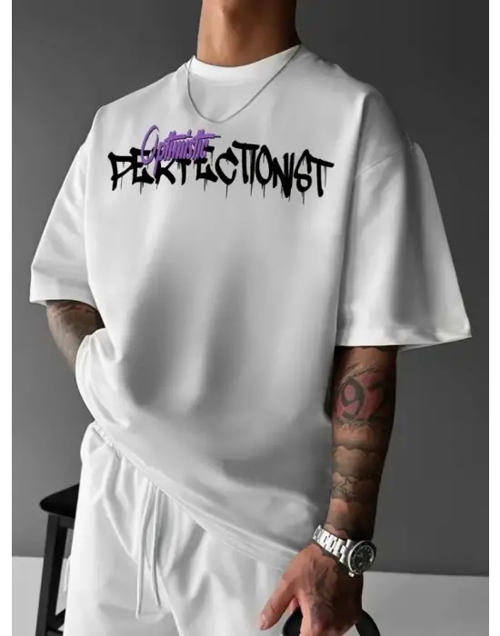 Baskılı Oversize Bisiklet Yaka T-shirt - Beyaz