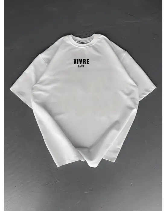 Baskılı Oversize Bisiklet Yaka T-shirt - Beyaz