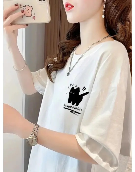 Baskılı Oversize Bisiklet Yaka T-shirt - Beyaz