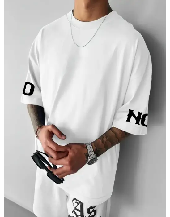 Baskılı Oversize Bisiklet Yaka T-shirt - Beyaz