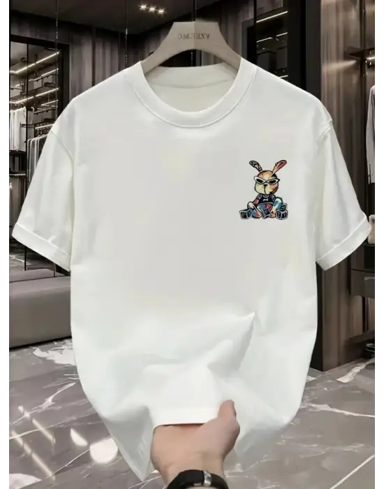 Baskılı Oversize Bisiklet Yaka T-shirt - Beyaz