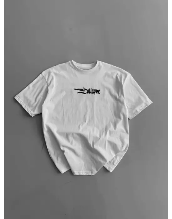 Baskılı Oversize Bisiklet Yaka T-shirt - Beyaz