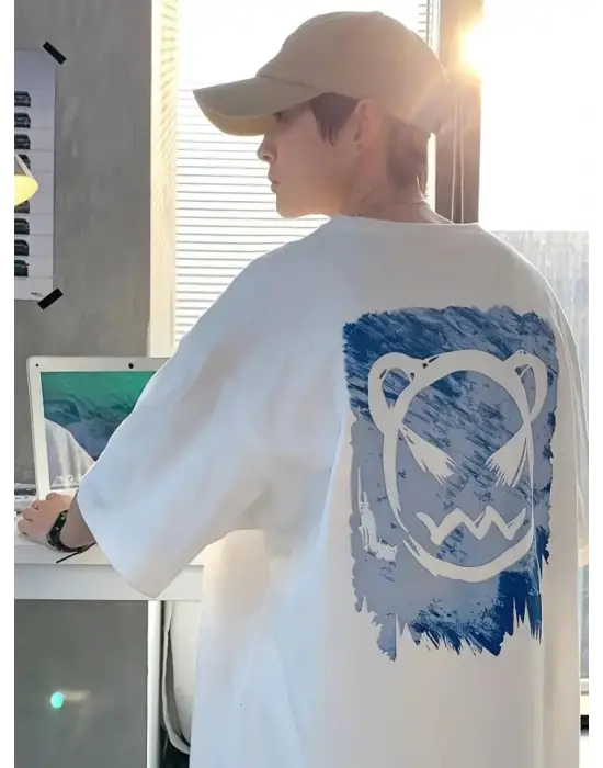 Baskılı Oversize Bisiklet Yaka T-shirt - Beyaz