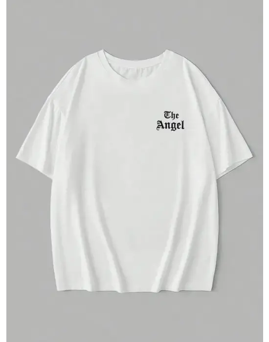 Baskılı Oversize Bisiklet Yaka T-shirt - Beyaz