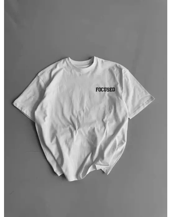 Baskılı Oversize Bisiklet Yaka T-shirt - Beyaz