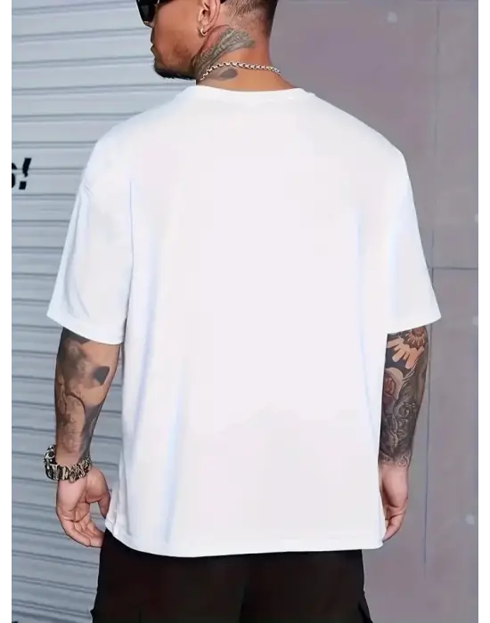 Baskılı Oversize Bisiklet Yaka T-shirt - Beyaz