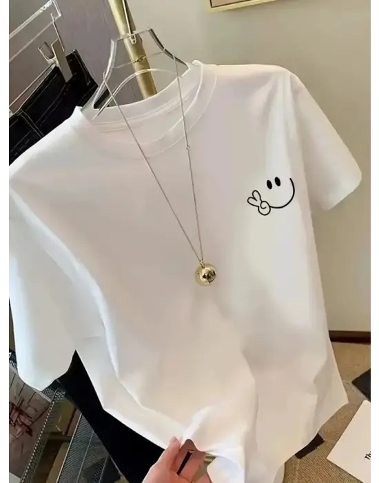 Baskılı Oversize Bisiklet Yaka T-shirt - Beyaz