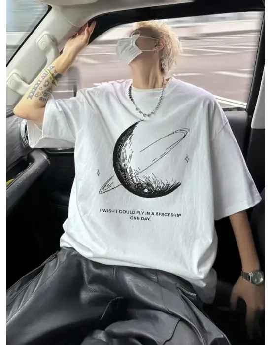 Baskılı Oversize Bisiklet Yaka T-shirt - Beyaz