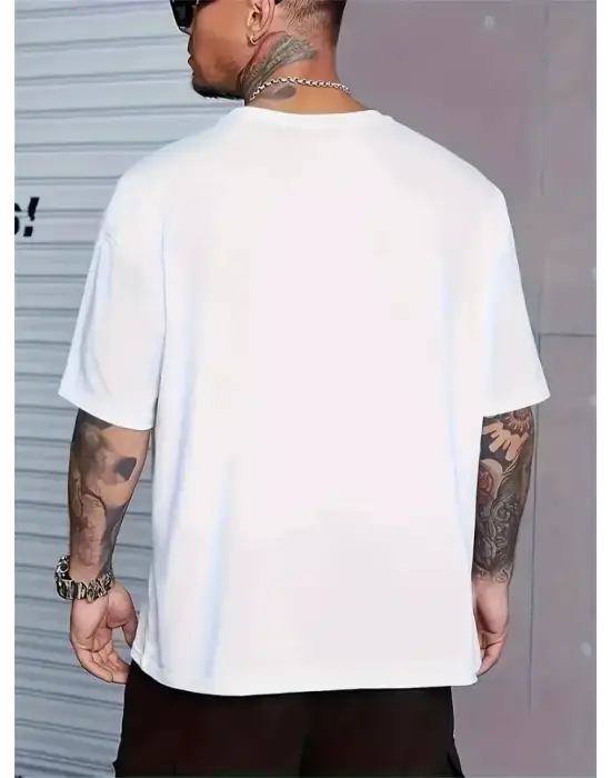 Baskılı Oversize Bisiklet Yaka T-shirt - Beyaz