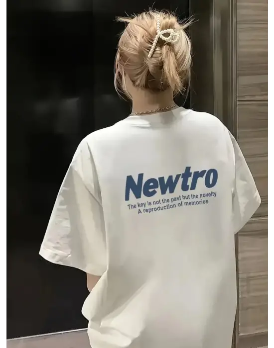 Baskılı Oversize Bisiklet Yaka T-shirt - Beyaz