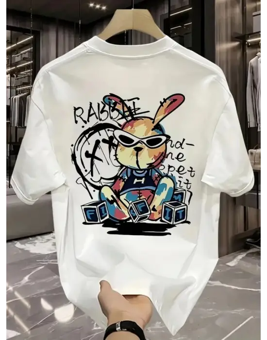 Baskılı Oversize Bisiklet Yaka T-shirt - Beyaz