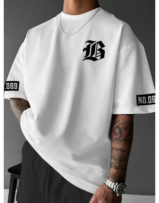 Baskılı Oversize Bisiklet Yaka T-shirt - Beyaz