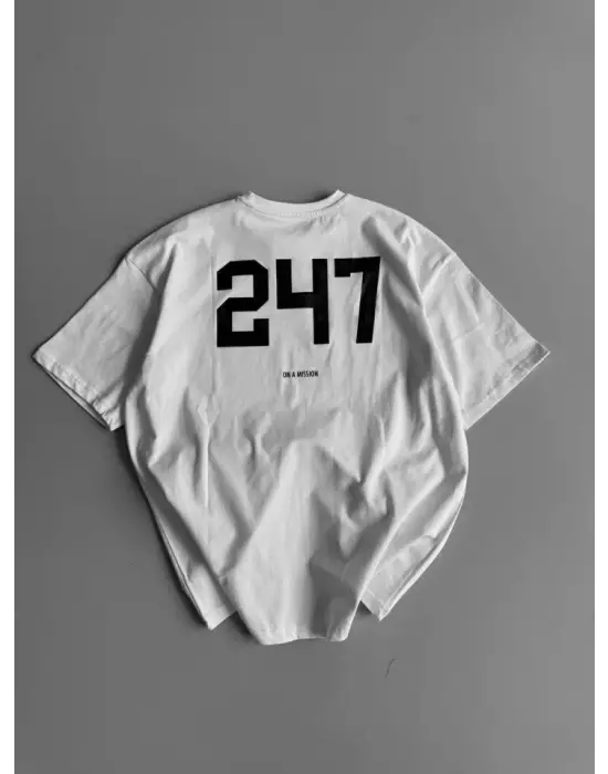 Baskılı Oversize Bisiklet Yaka T-shirt - Beyaz