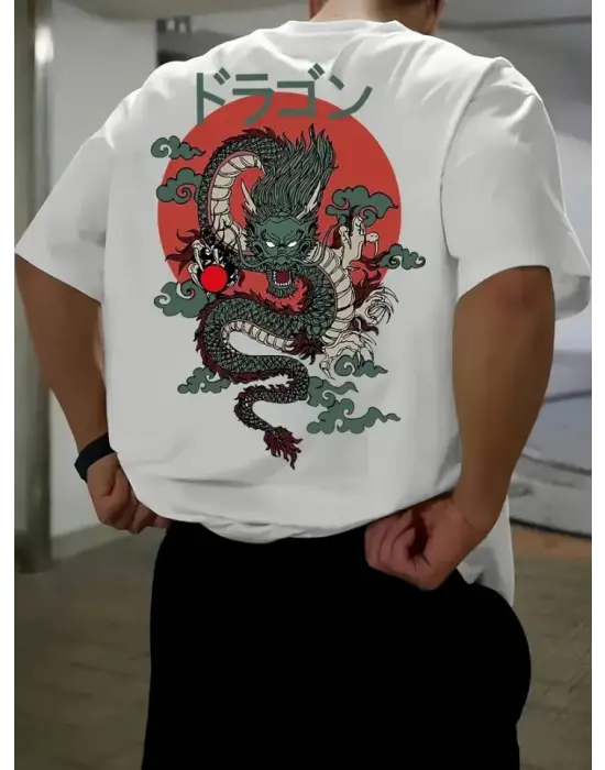 Baskılı Oversize Bisiklet Yaka T-shirt - Beyaz