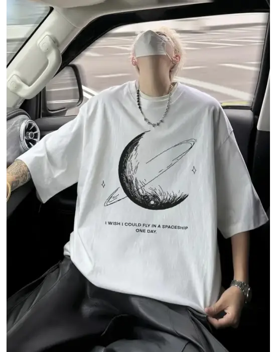 Baskılı Oversize Bisiklet Yaka T-shirt - Beyaz
