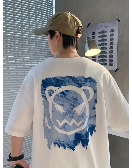 Baskılı Oversize Bisiklet Yaka T-shirt - Beyaz