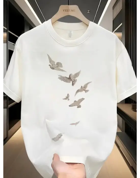 Baskılı Oversize Bisiklet Yaka T-shirt - Beyaz