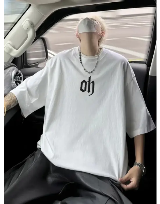 Baskılı Oversize Bisiklet Yaka T-shirt - Beyaz