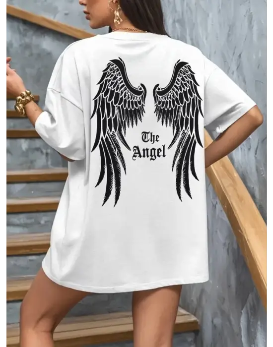Baskılı Oversize Bisiklet Yaka T-shirt - Beyaz