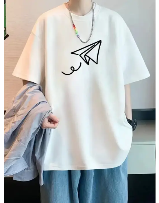Baskılı Oversize Bisiklet Yaka T-shirt - Beyaz