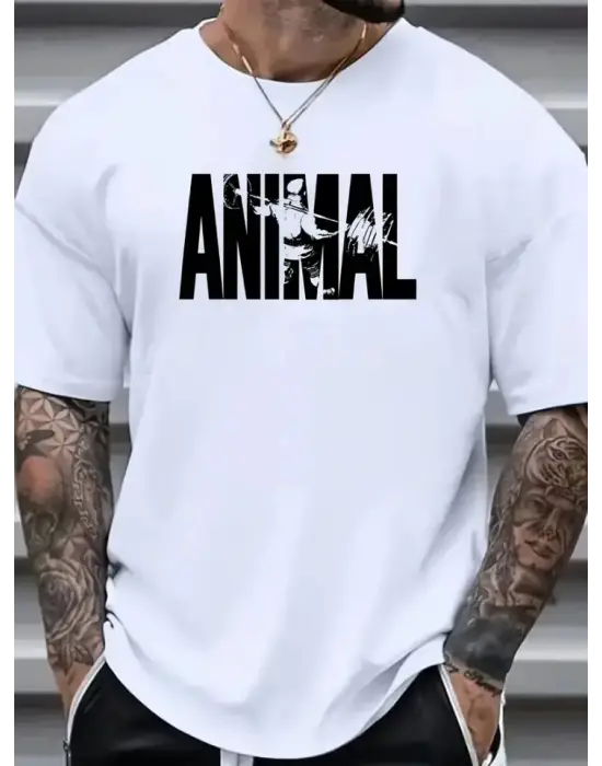 Baskılı Oversize Bisiklet Yaka T-shirt - Beyaz