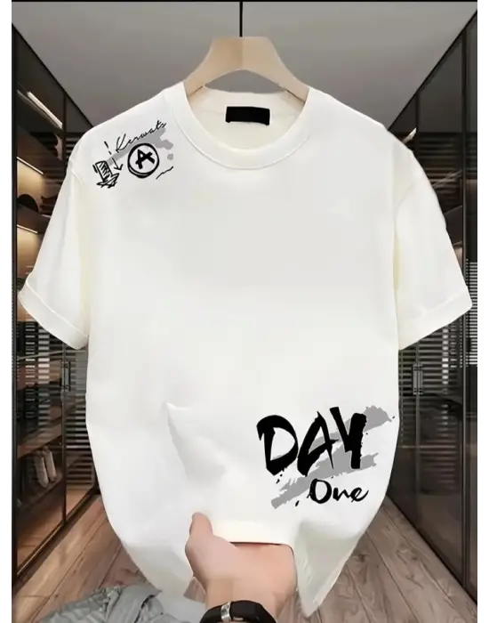 Baskılı Oversize Bisiklet Yaka T-shirt - Beyaz