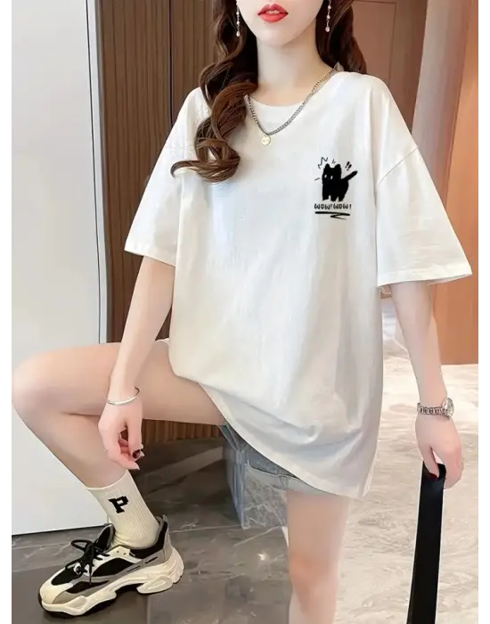 Baskılı Oversize Bisiklet Yaka T-shirt - Beyaz