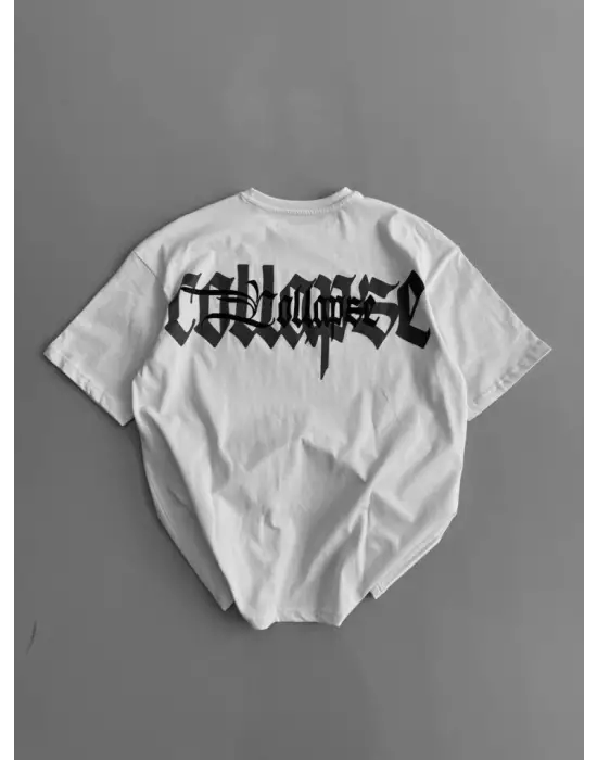 Baskılı Oversize Bisiklet Yaka T-shirt - Beyaz