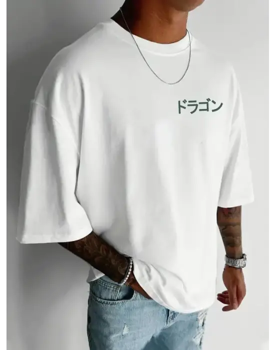 Baskılı Oversize Bisiklet Yaka T-shirt - Beyaz