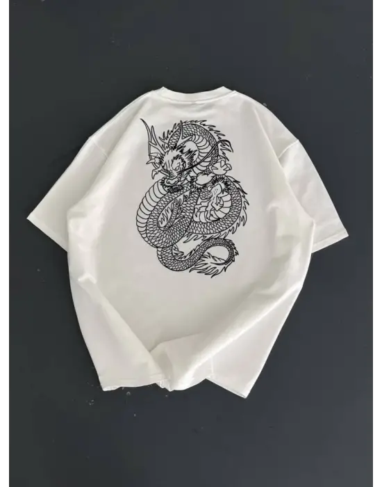 Baskılı Oversize Bisiklet Yaka T-shirt - Beyaz