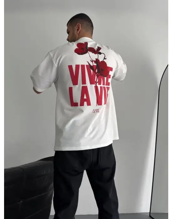 Baskılı Oversize Bisiklet Yaka T-shirt - Beyaz