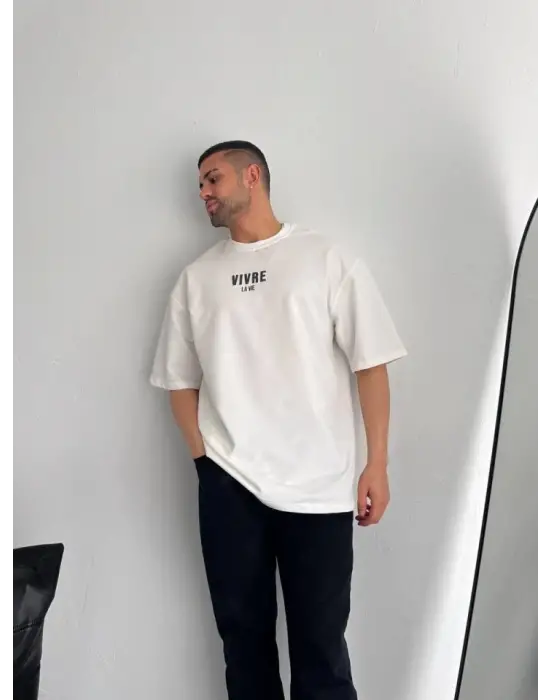 Baskılı Oversize Bisiklet Yaka T-shirt - Beyaz
