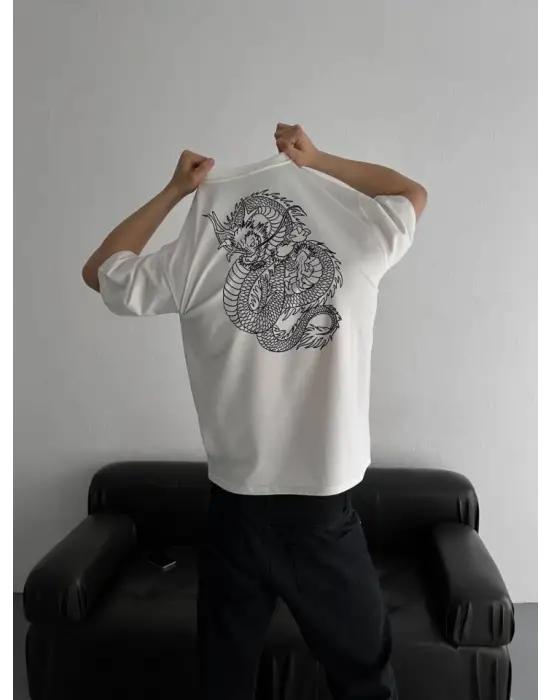 Baskılı Oversize Bisiklet Yaka T-shirt - Beyaz