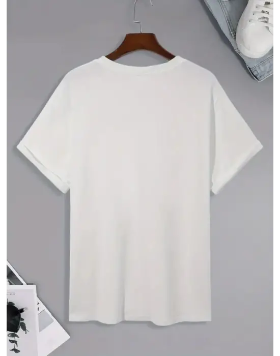 Baskılı Oversize Bisiklet Yaka T-shirt - Beyaz