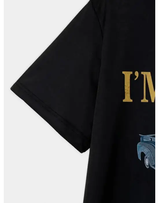 Baskılı Oversize Bisiklet Yaka T-shirt - Siyah