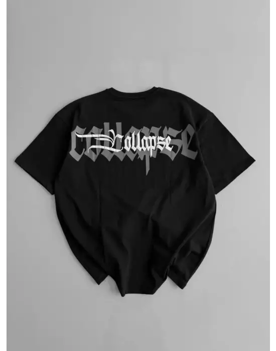 Baskılı Oversize Bisiklet Yaka T-shirt - Siyah