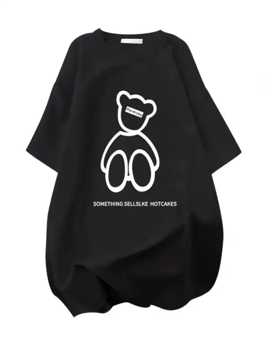 Baskılı Oversize Bisiklet Yaka T-shirt - Siyah