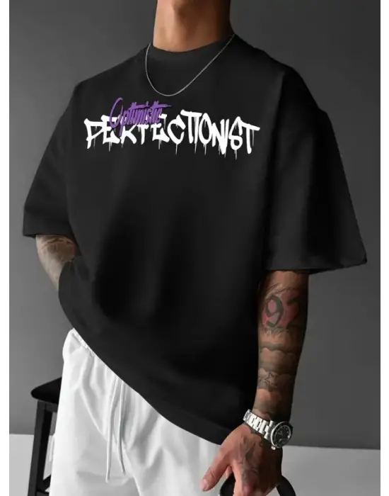 Baskılı Oversize Bisiklet Yaka T-shirt - Siyah
