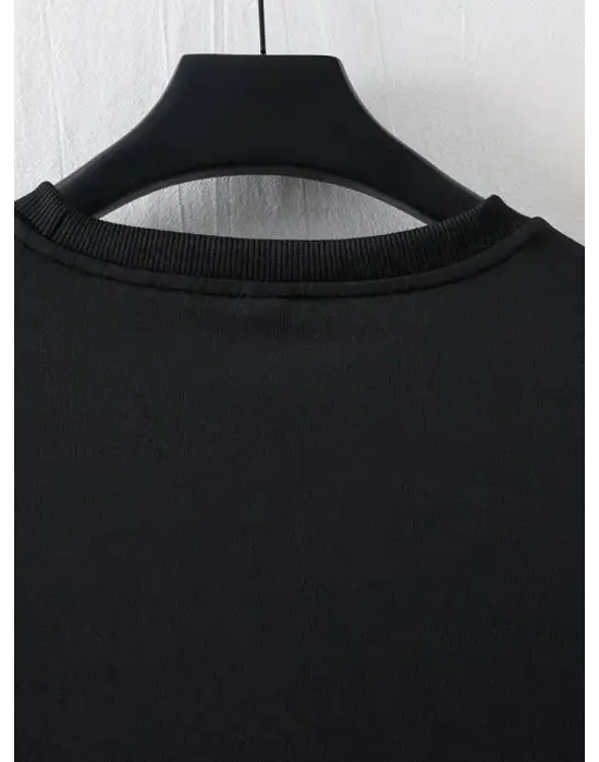 Baskılı Oversize Bisiklet Yaka T-shirt - Siyah