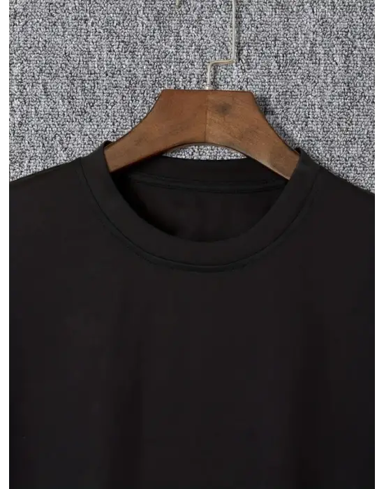 Baskılı Oversize Bisiklet Yaka T-shirt - Siyah