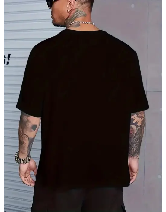 Baskılı Oversize Bisiklet Yaka T-shirt - Siyah