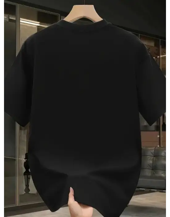 Baskılı Oversize Bisiklet Yaka T-shirt - Siyah