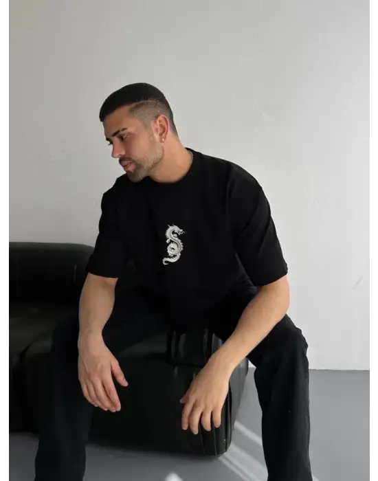 Baskılı Oversize Bisiklet Yaka T-shirt - Siyah