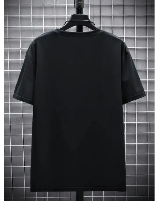 Baskılı Oversize Bisiklet Yaka T-shirt - Siyah