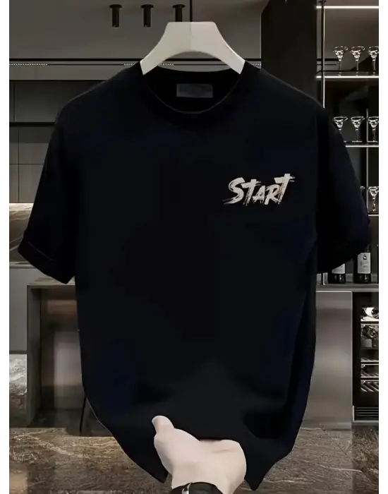 Baskılı Oversize Bisiklet Yaka T-shirt - Siyah