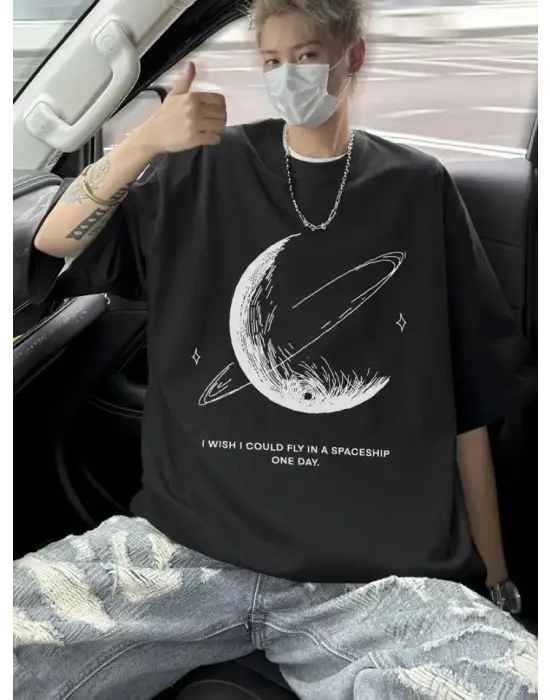 Baskılı Oversize Bisiklet Yaka T-shirt - Siyah