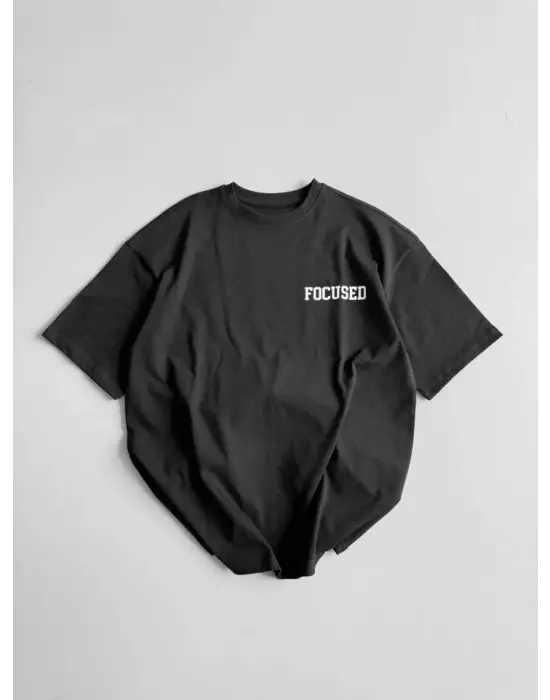 Baskılı Oversize Bisiklet Yaka T-shirt - Siyah